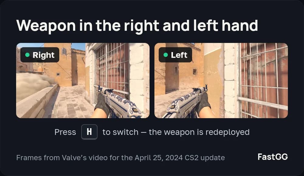 Frames from Valve's CS2 video: the rifle held in the right hand, then in the left