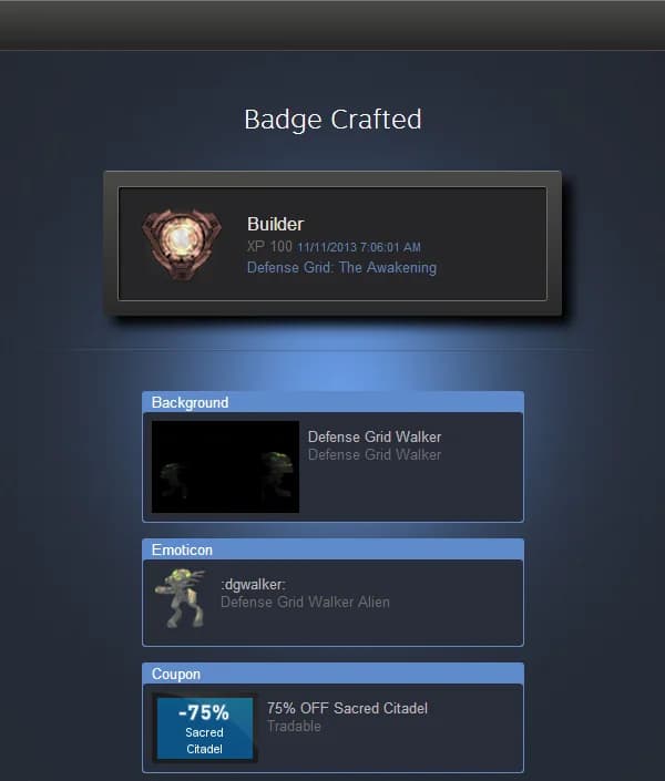 Окно создания значка в Steam: значок на 100 XP, фон профиля, смайлик и купон на скидку
