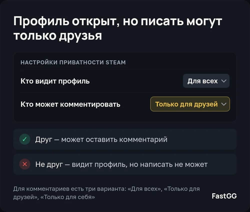 Профиль Steam открыт для всех, а комментарии разрешены только друзьям: чужой игрок страницу видит, но написать не может