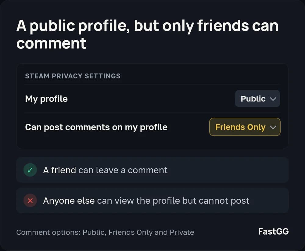 A Steam profile set to Public with comments set to Friends Only: other players can view it but cannot post