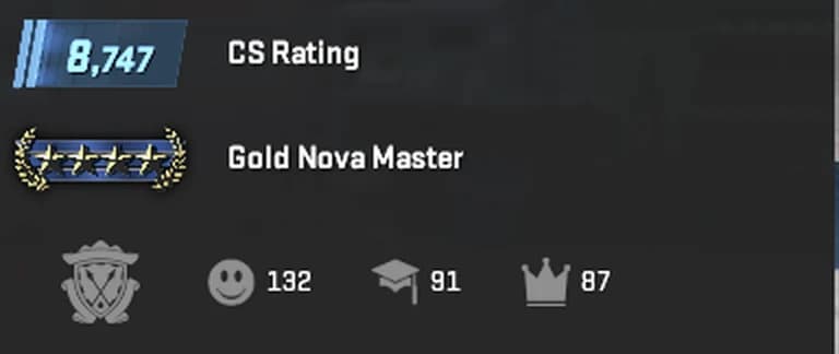 CS2 player card with the Prime icon and commend counts: 132 Friendly, 91 Teacher, 87 Leader