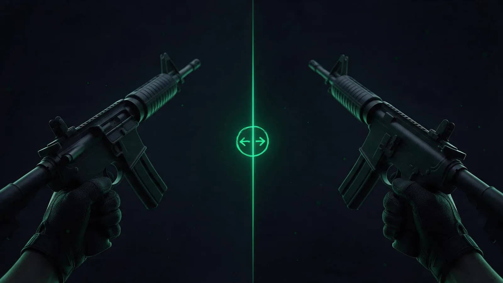 First-person rifle held in the left hand on one side and the right hand on the other, with a swap icon between