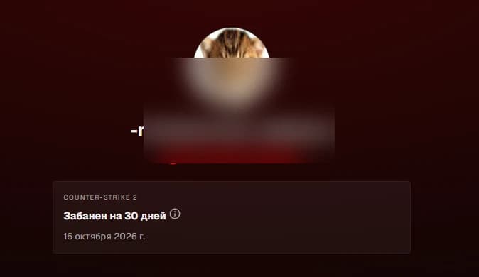 Профиль FACEIT с отметкой «Забанен на 30 дней» в Counter-Strike 2 и датой бана