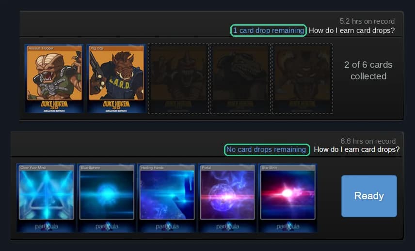 Steam Badges page: Duke Nukem 3D has 1 card drop remaining, Particula has no card drops remaining
